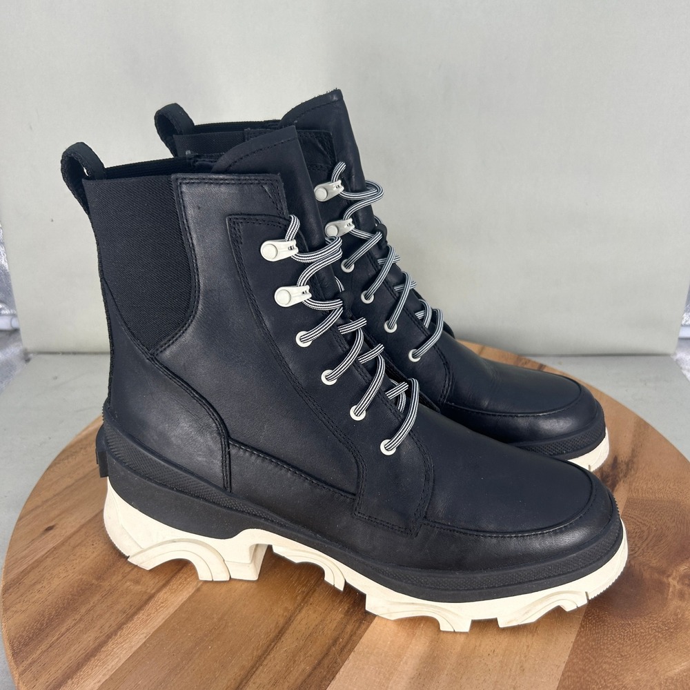 Sorel Brex Boot Lace Black Chalk Leather Platform Ankle Boot NL4305-010 Women 10